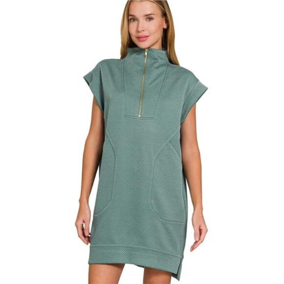 ✨NWT Zenana Textured Knit Jacquard Quarter Zipper Mini Dress - Picture 1 of 3